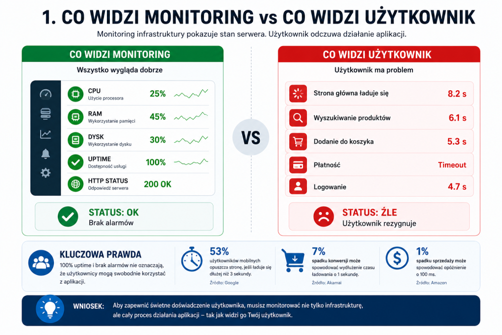 Infografika porównująca co widzi monitoring vs co widzi uzytkownik
